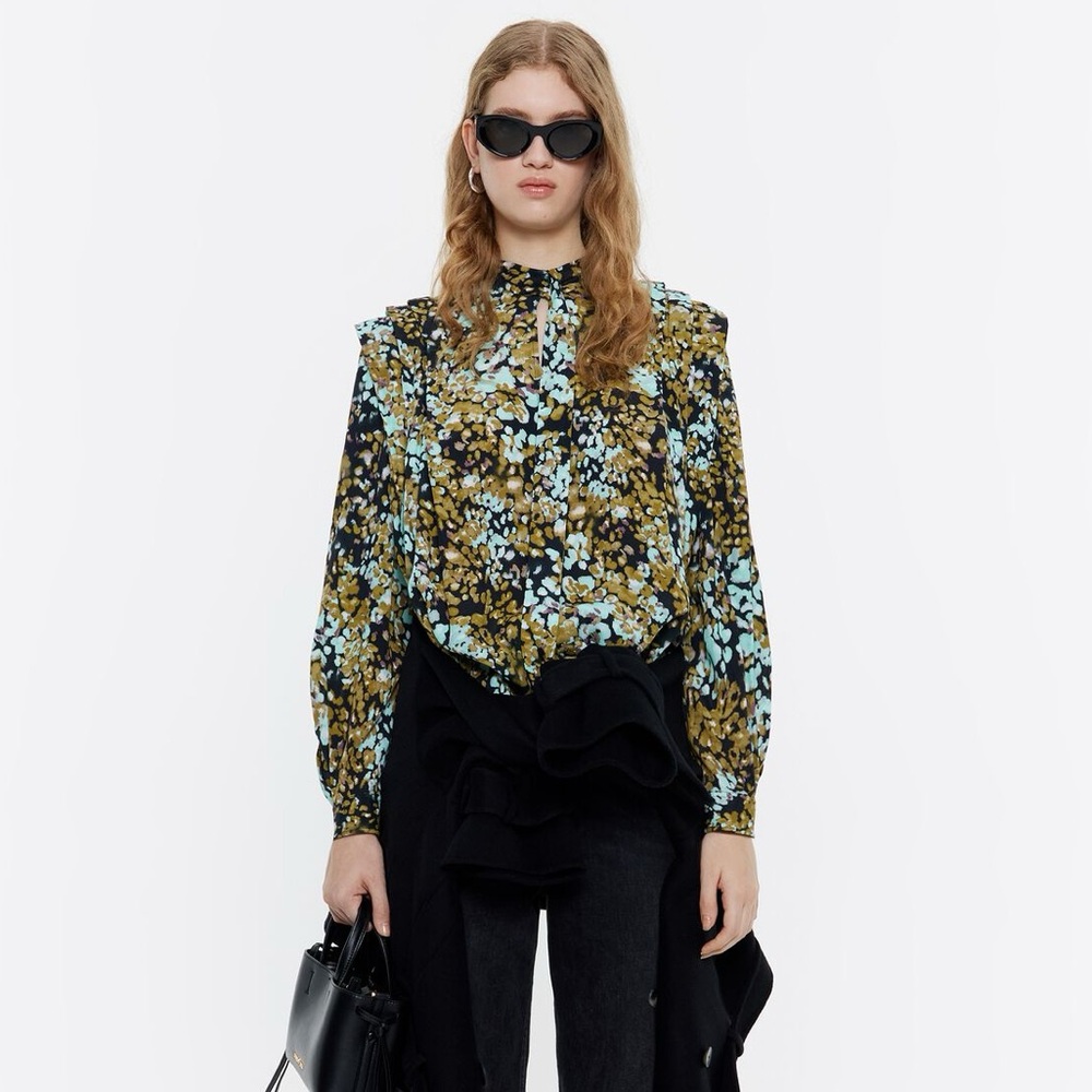Bimba y Lola Leomimosa-Print Pleated Blouse Long Sleeve V neck size M